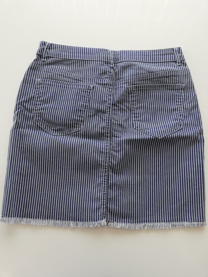 Düğmeli Çizgili Lacivert Denim Mini Etek - Görsel 2