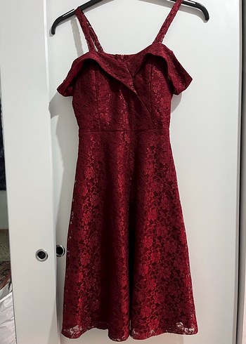 Bordo Dantel Midi Abiye Elbise