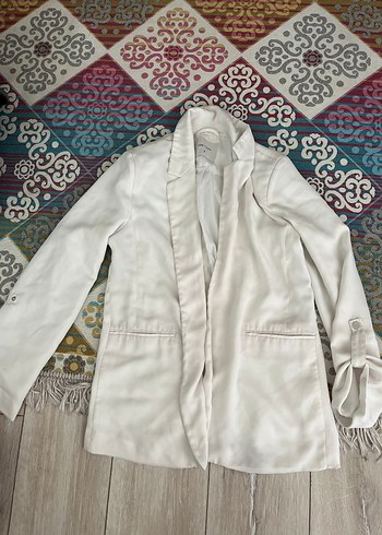 Püsküllü Beyaz Keten Bohem Blazer