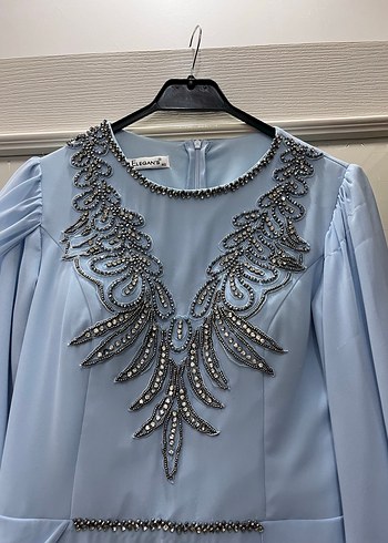 Zincir Detaylı Mavi Uzun Abiye Elbise - Görsel 6