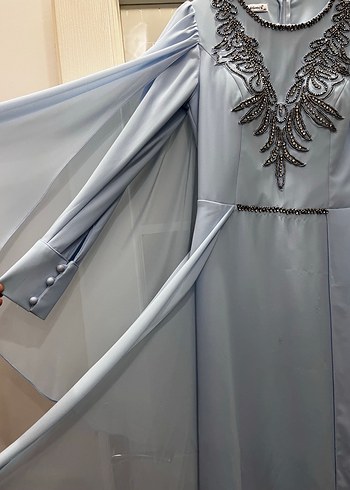 Zincir Detaylı Mavi Uzun Abiye Elbise - Görsel 4