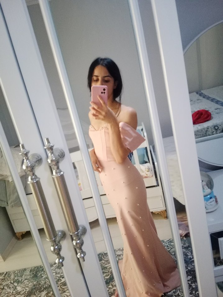 Pudra Pembe Straplez Uzun Abiye Elbise - Görsel 3