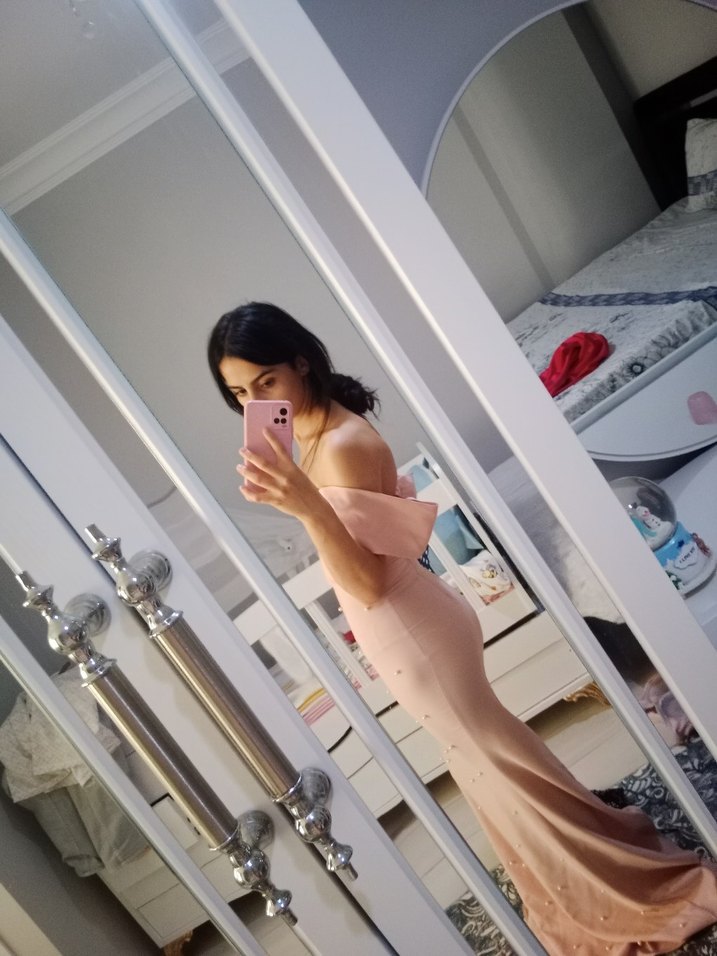 Pudra Pembe Straplez Uzun Abiye Elbise - Görsel 2