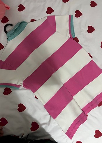 Pembe Çizgili Polo Yaka Kadın Tişört - Görsel 3