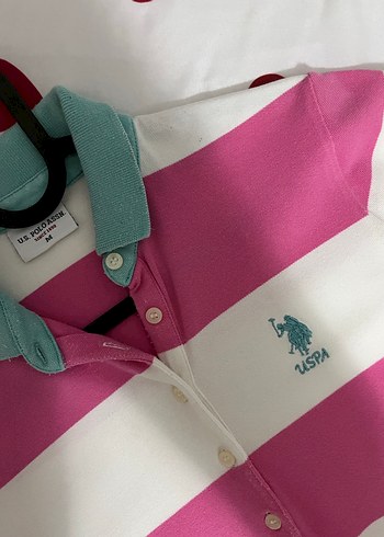 Pembe Çizgili Polo Yaka Kadın Tişört - Görsel 2