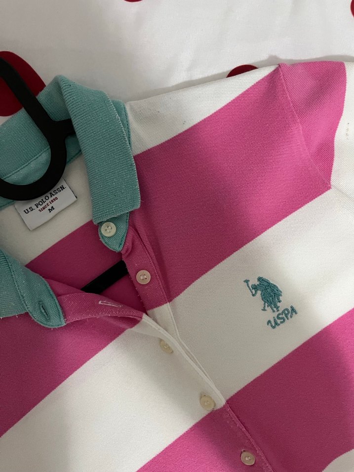 Pembe Çizgili Polo Yaka Kadın Tişört - Görsel 2