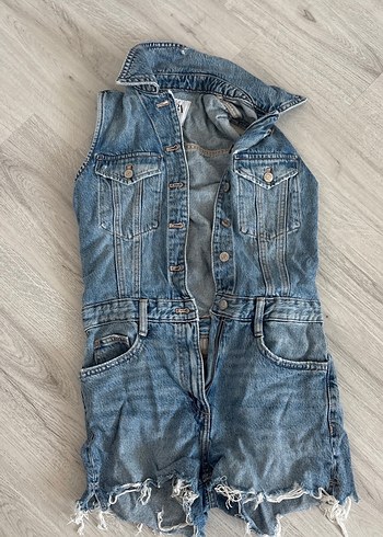 Kadın Mavi Denim Kısa Tulum