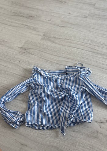 Çizgili Mavi Kadın Keten Gömlek