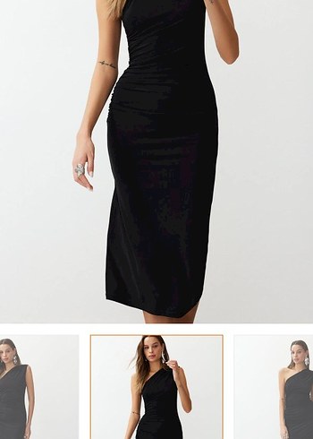 Siyah V Yaka İnce Askılı Midi Kalem Elbise - Görsel 2