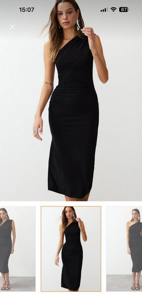 Siyah V Yaka İnce Askılı Midi Kalem Elbise - Görsel 2