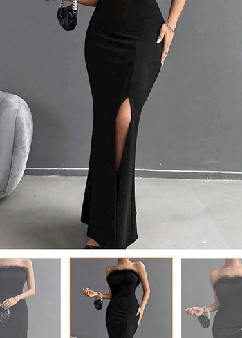 Siyah V Yaka Uzun Drapeli Elbise - Görsel 2