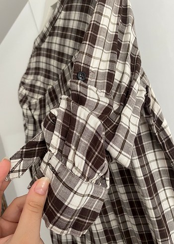 s Beden kahverengi Renk Düğmeli Kahverengi Kareli Kadın Gömlek