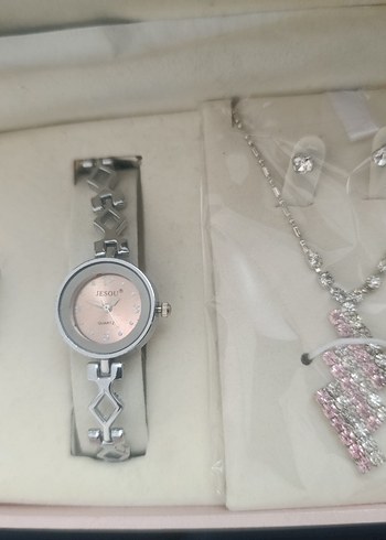 Pembe Işıltılı Kadın Saat ve Takı Seti - Görsel 2