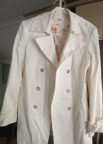 Beyaz Düğmeli Midi Keten Kadın Trençkot - Görsel 2