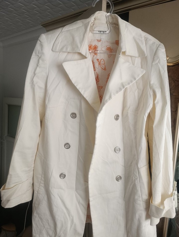 Beyaz Düğmeli Midi Keten Kadın Trençkot - Görsel 2