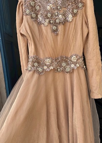 Bej İşlemeli Payetli Uzun Kollu tesettür abiye somon rengi - Görsel 8