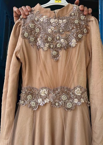 Bej İşlemeli Payetli Uzun Kollu tesettür abiye somon rengi - Görsel 4