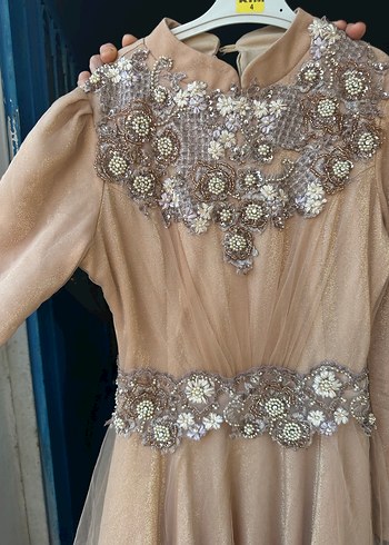 Bej İşlemeli Payetli Uzun Kollu tesettür abiye somon rengi - Görsel 9