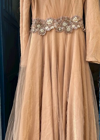 Bej İşlemeli Payetli Uzun Kollu tesettür abiye somon rengi - Görsel 5