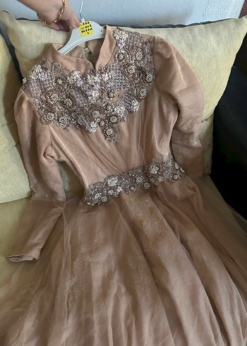 Bej İşlemeli Payetli Uzun Kollu tesettür abiye somon rengi - Görsel 10