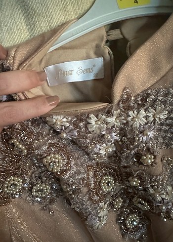 Bej İşlemeli Payetli Uzun Kollu tesettür abiye somon rengi - Görsel 2