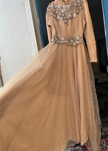 Bej İşlemeli Payetli Uzun Kollu tesettür abiye somon rengi - Görsel 7