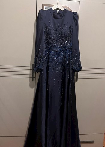 Uzun Kollu Lacivert Payetli Abiye Elbise - Görsel 7