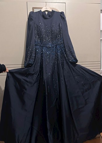 Uzun Kollu Lacivert Payetli Abiye Elbise - Görsel 3