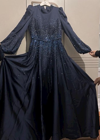 Uzun Kollu Lacivert Payetli Abiye Elbise - Görsel 10