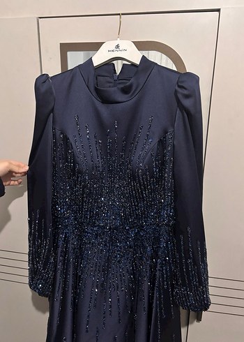 Uzun Kollu Lacivert Payetli Abiye Elbise - Görsel 6