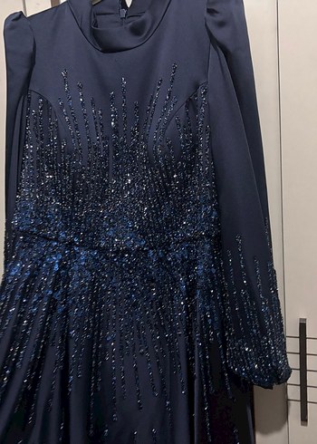 Uzun Kollu Lacivert Payetli Abiye Elbise - Görsel 5