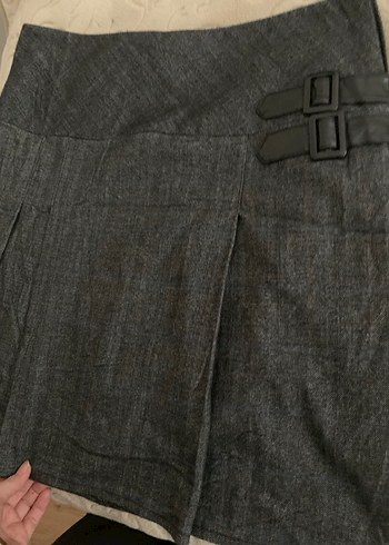 Gri Midi deri Kemerli Kadın Etek - Görsel 3