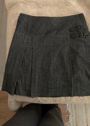 Gri Midi deri Kemerli Kadın Etek - Görsel 4