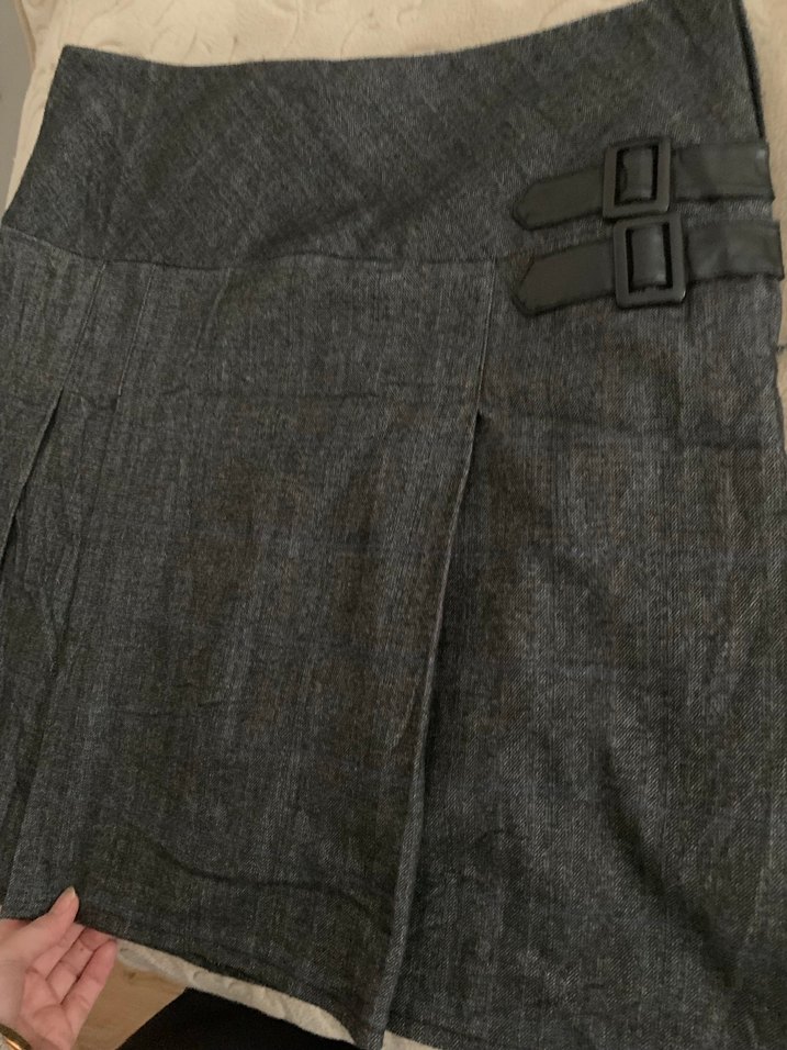 Gri Midi deri Kemerli Kadın Etek - Görsel 3