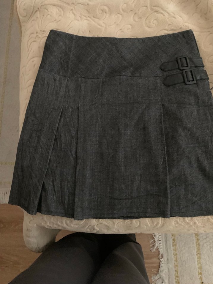 Gri Midi deri Kemerli Kadın Etek - Görsel 4