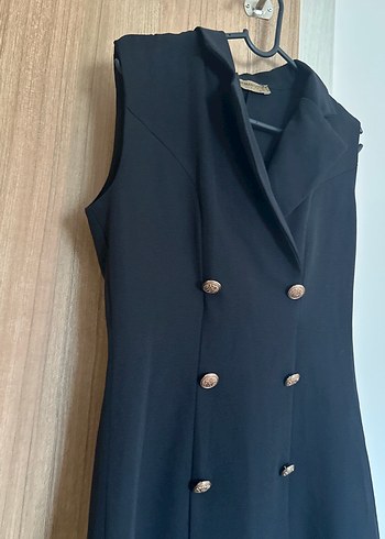 Düğmeli Siyah Kolsuz Uzun Kadın elbise - Görsel 7