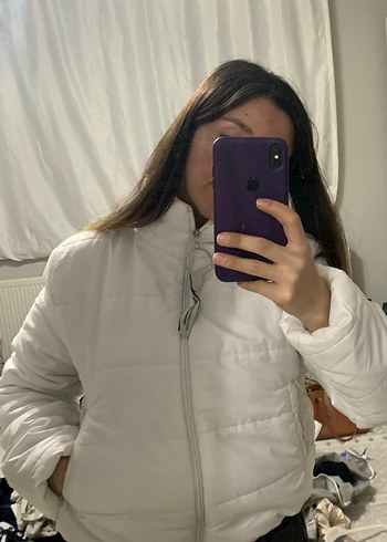 Beyaz Kadın Şişme Mont Yüksek Yaka - Görsel 8