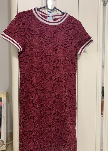 Bordo Dantel İşlemeli Midi Elbise - Görsel 6