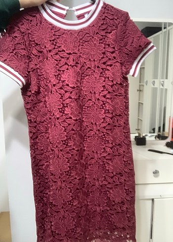 Bordo Dantel İşlemeli Midi Elbise - Görsel 4