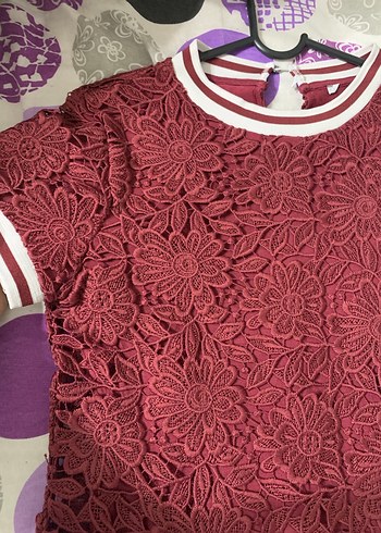 Bordo Dantel İşlemeli Midi Elbise - Görsel 7