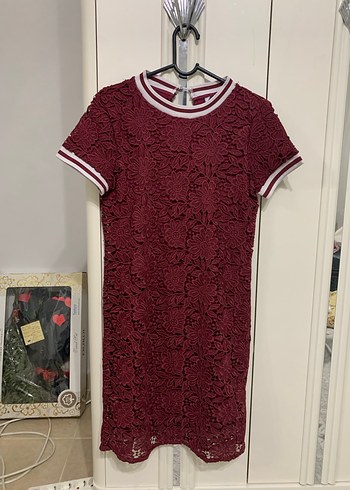 Bordo Dantel İşlemeli Midi Elbise - Görsel 5