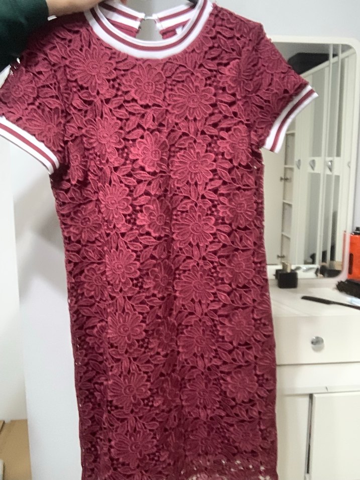 Bordo Dantel İşlemeli Midi Elbise - Görsel 4