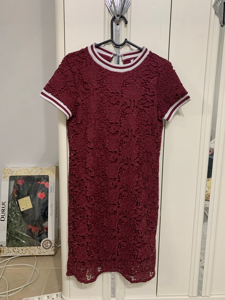 Bordo Dantel İşlemeli Midi Elbise - Görsel 5