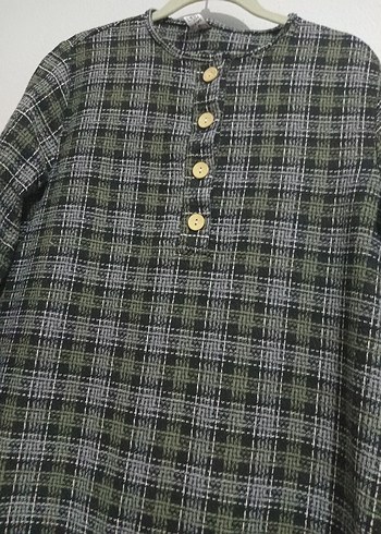 Düğmeli Uzun Kollu Gri Ekose Tunik - Görsel 3