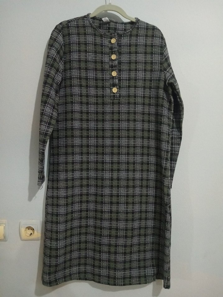 Düğmeli Uzun Kollu Gri Ekose Tunik - Görsel 2