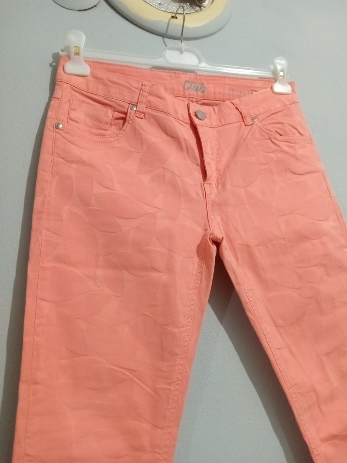 Düğmeli Pembe Batik Desenli Kadın Denim Pantolon - Görsel 3