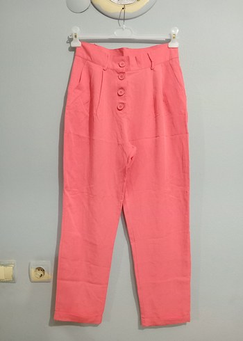 Düğmeli Pembe Rahat Kesim Kadın Pantolon - Görsel 4