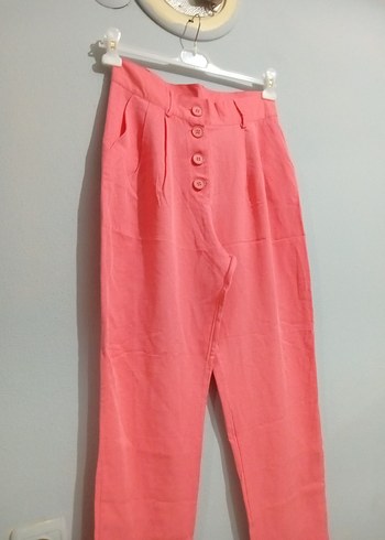 Düğmeli Pembe Rahat Kesim Kadın Pantolon - Görsel 2