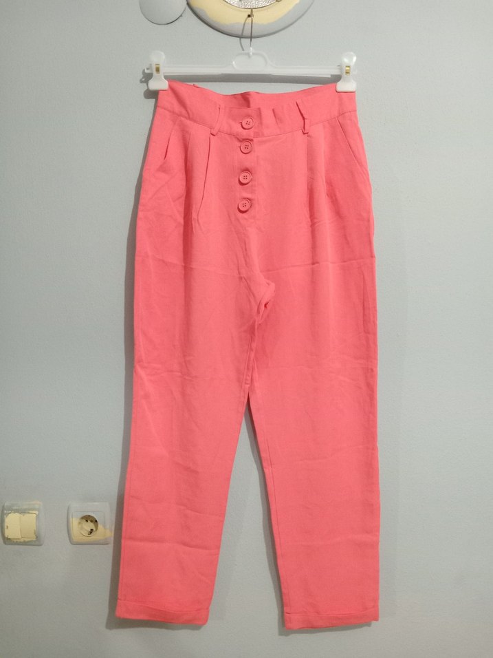 Düğmeli Pembe Rahat Kesim Kadın Pantolon - Görsel 4