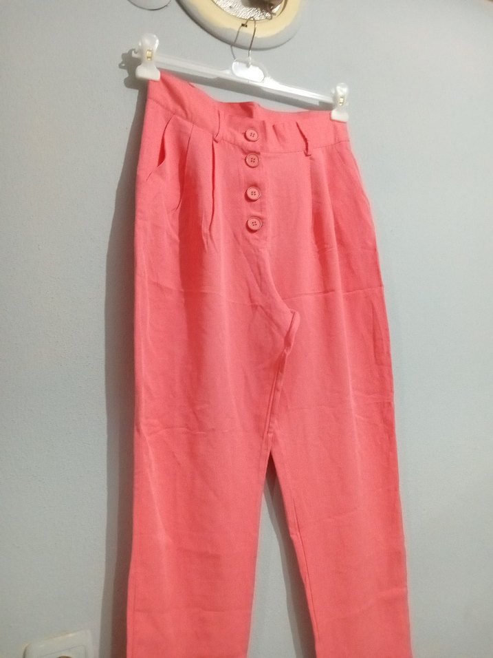 Düğmeli Pembe Rahat Kesim Kadın Pantolon - Görsel 2